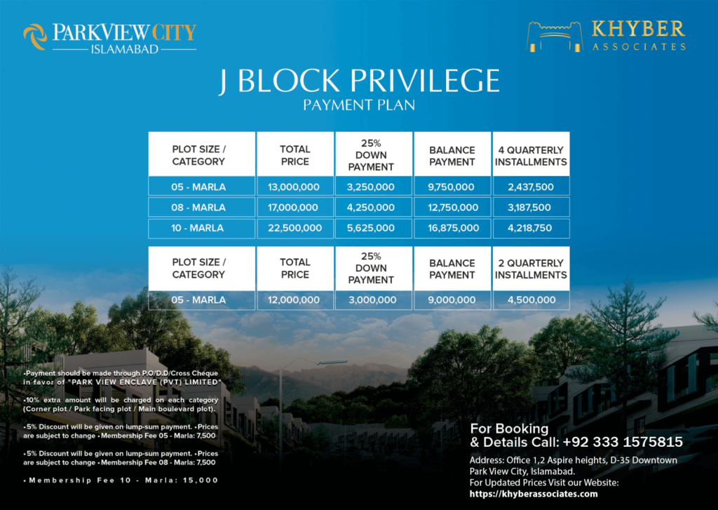 Park View City Islamabad J-Block Payment Plan